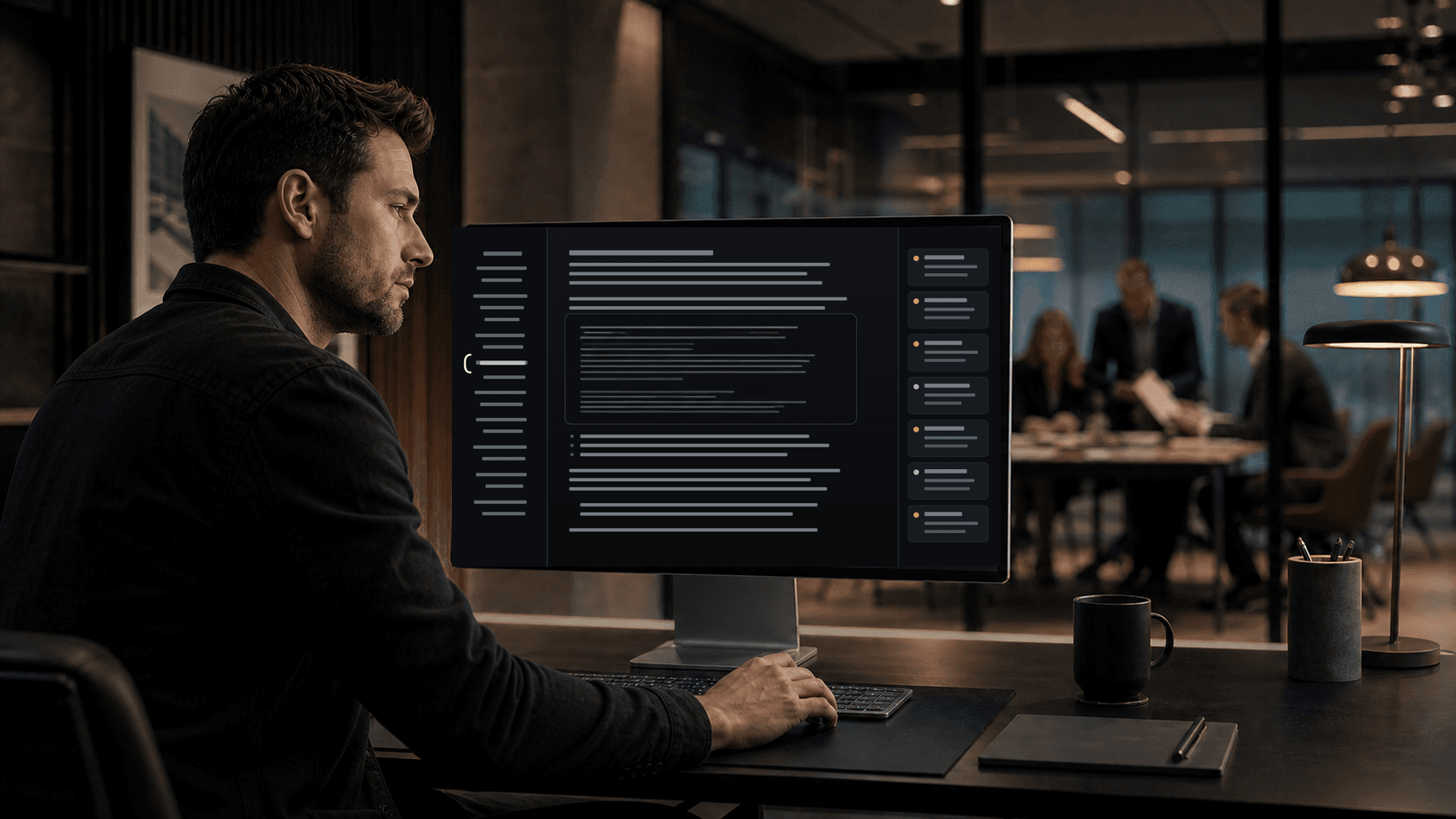 A senior technology lead reviewing a document before a meeting